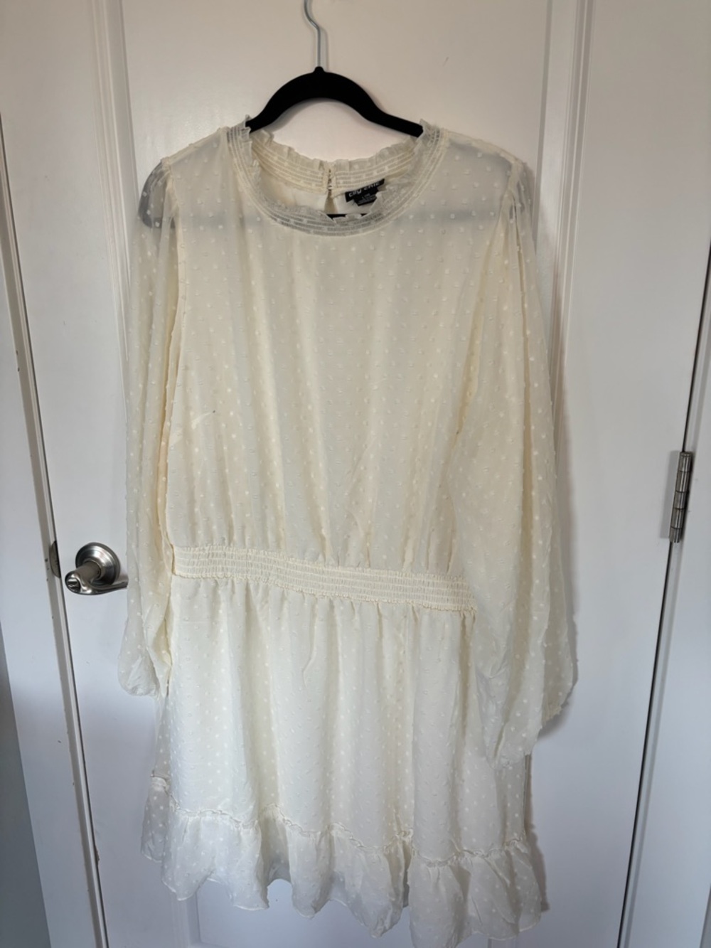 City Chic Ivory Swiss Dot Long-Sleeve Smocked Waist Dress